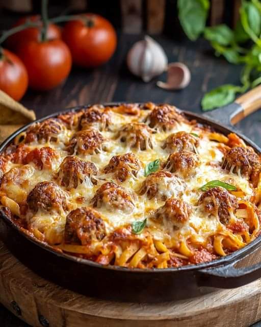 Gratinated Linguine with Meatballs in Tomato Sauce