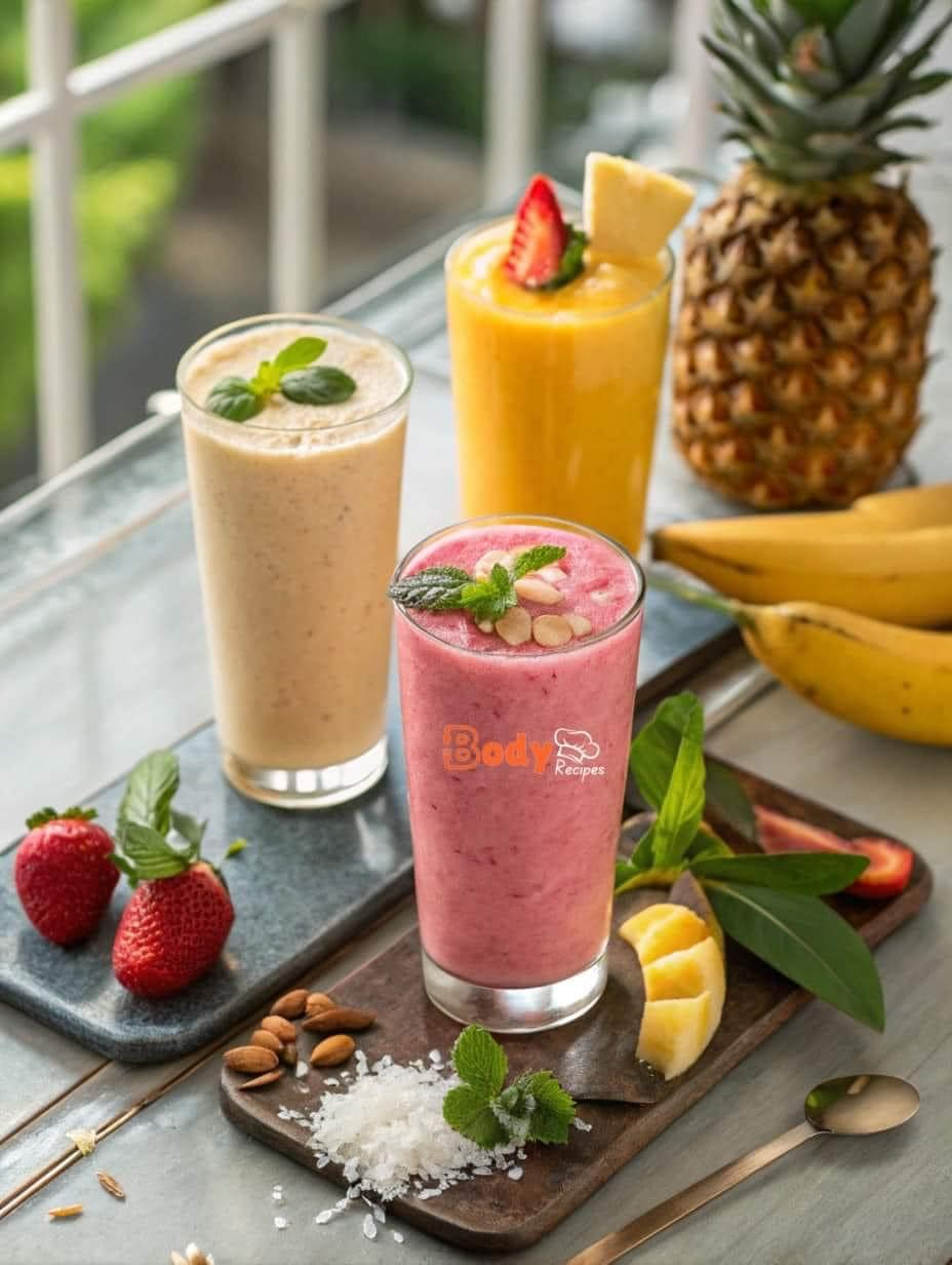 **Banana Date, Strawberry Basil, and Pineapple Coconut Smoothies**