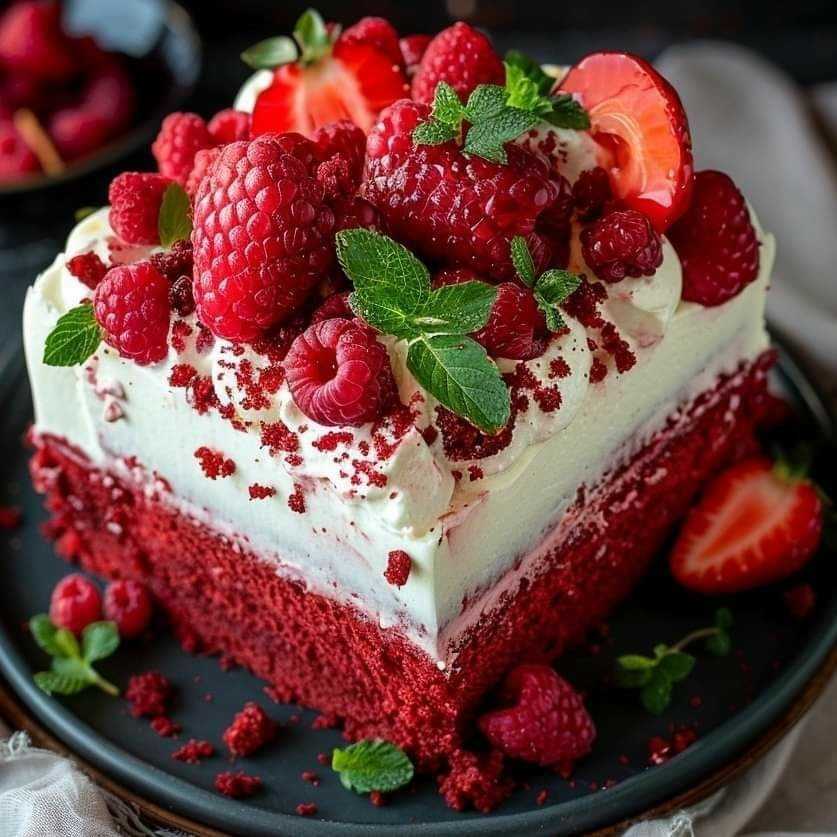 Luscious Red Velvet Raspberry Poke Cake