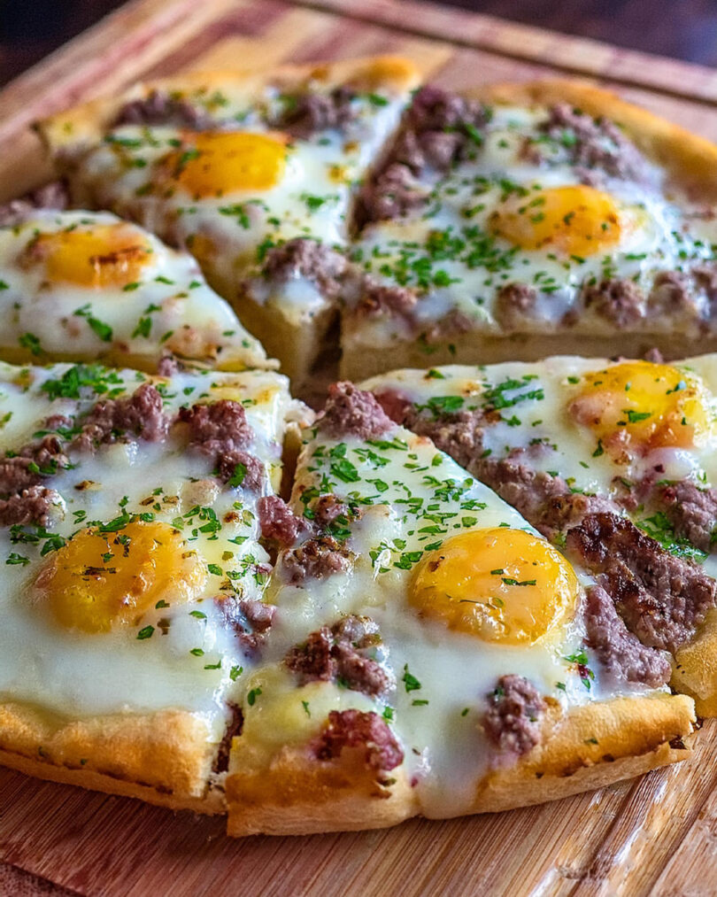 Flaky Biscuit Crust Topped with Creamy Sausage Gravy, Eggs, and Cheese