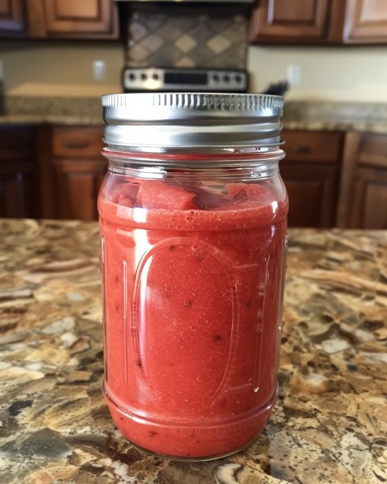 Ingredients 4 cups of fresh watermelon juice, strained Directions 1. Begin by choosing a ripe, juicy watermelon. Cut into chunks and blend until smooth. 2. Strain the blended watermelon through a fine mesh sieve to collect about 4 cups of juice. Ensure you press out as much liquid as possible. 3. Pour the juice into a large, heavy-bottomed pot and bring to a low simmer over medium heat. 4. Continue to simmer, stirring occasionally to prevent sticking. The juice will begin to thicken and reduce. This process may take about 2 to 3 hours. 5. Once the juice has reduced to a thick, syrupy consistency and has a deep, amber color, remove from heat. 6. Let the Watermelon Honey cool completely before transferring it to a clean jar. 7. Store in the refrigerator. It will thicken further as it cools.  Advertisement Variations & Tips For a little twist, you can add a dash of cinnamon or a sprig of mint while simmering the juice. It infuses the honey with a subtle but delightful flavor. Some folks like to add a touch of lemon zest too, which brings a nice edge to the sweetness.