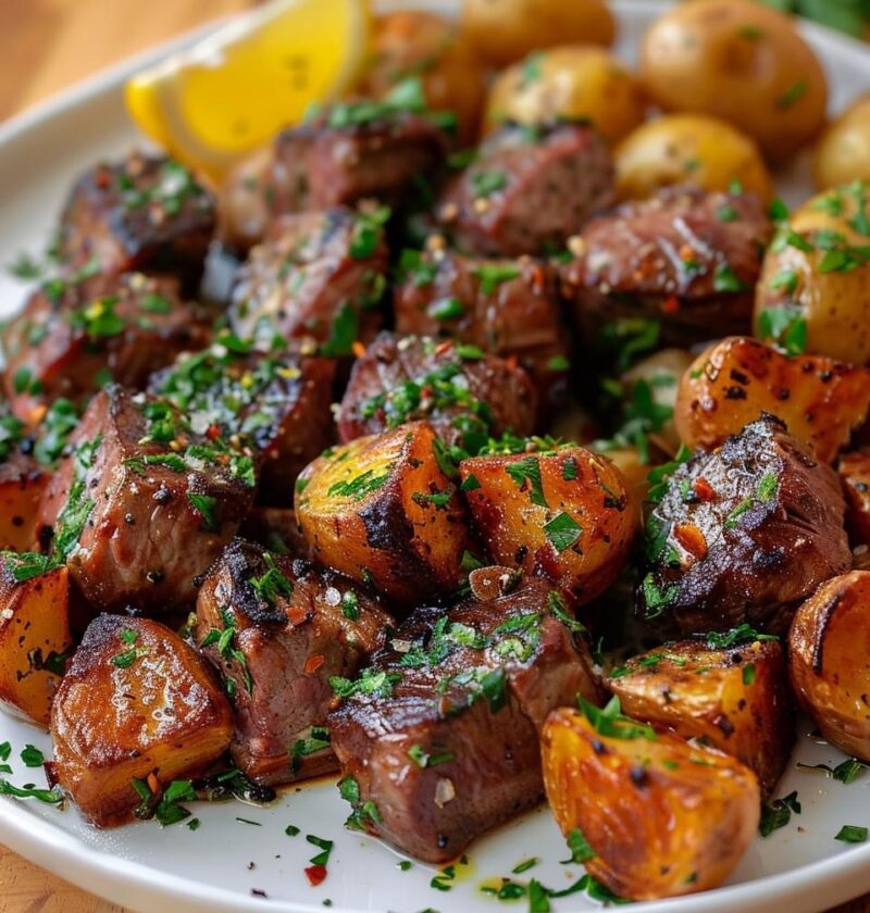 Air Fryer Garlic Butter Steak Bites and Potatoes