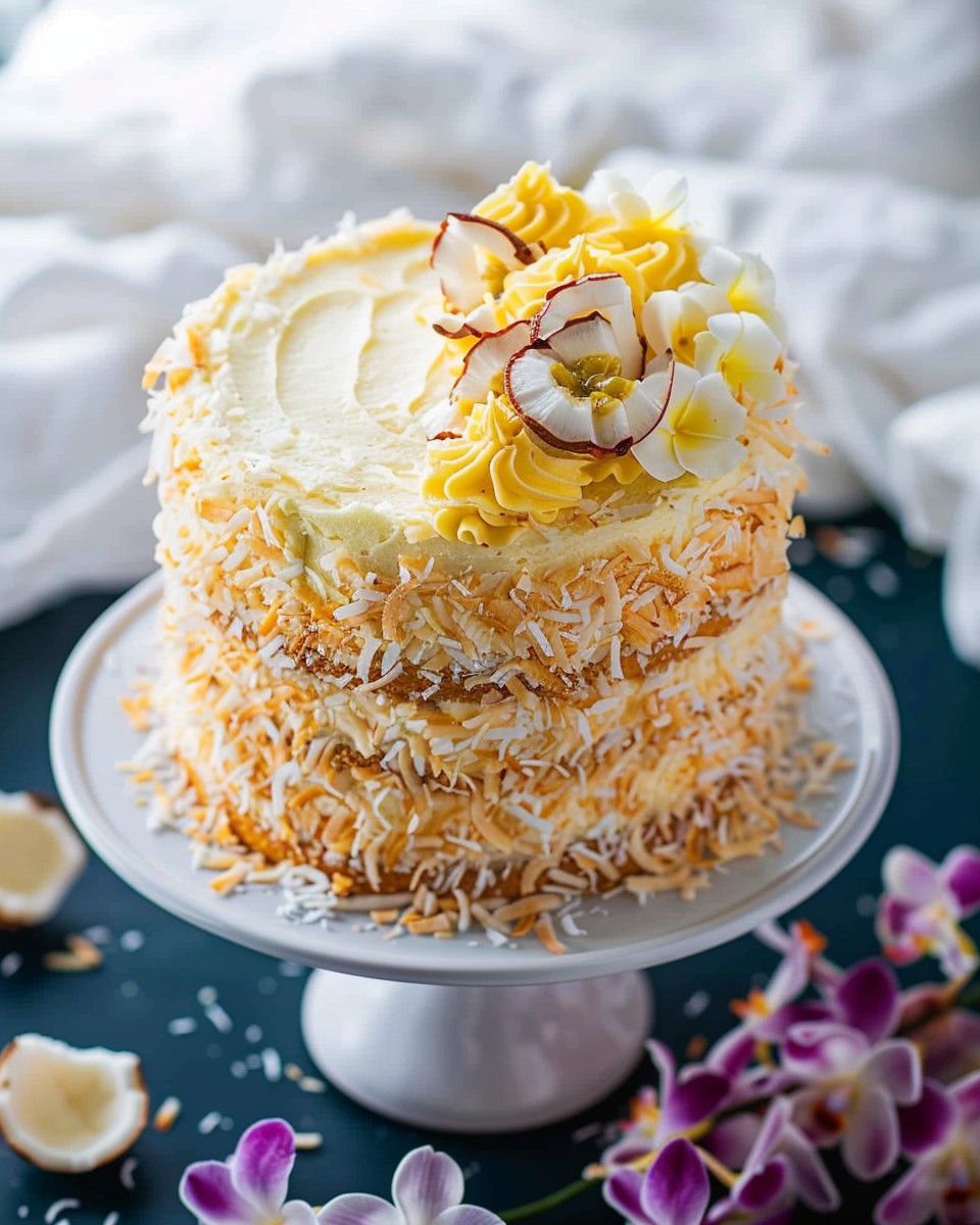 ### **Passion Fruit and Coconut Layer Cake** 🥥🍰