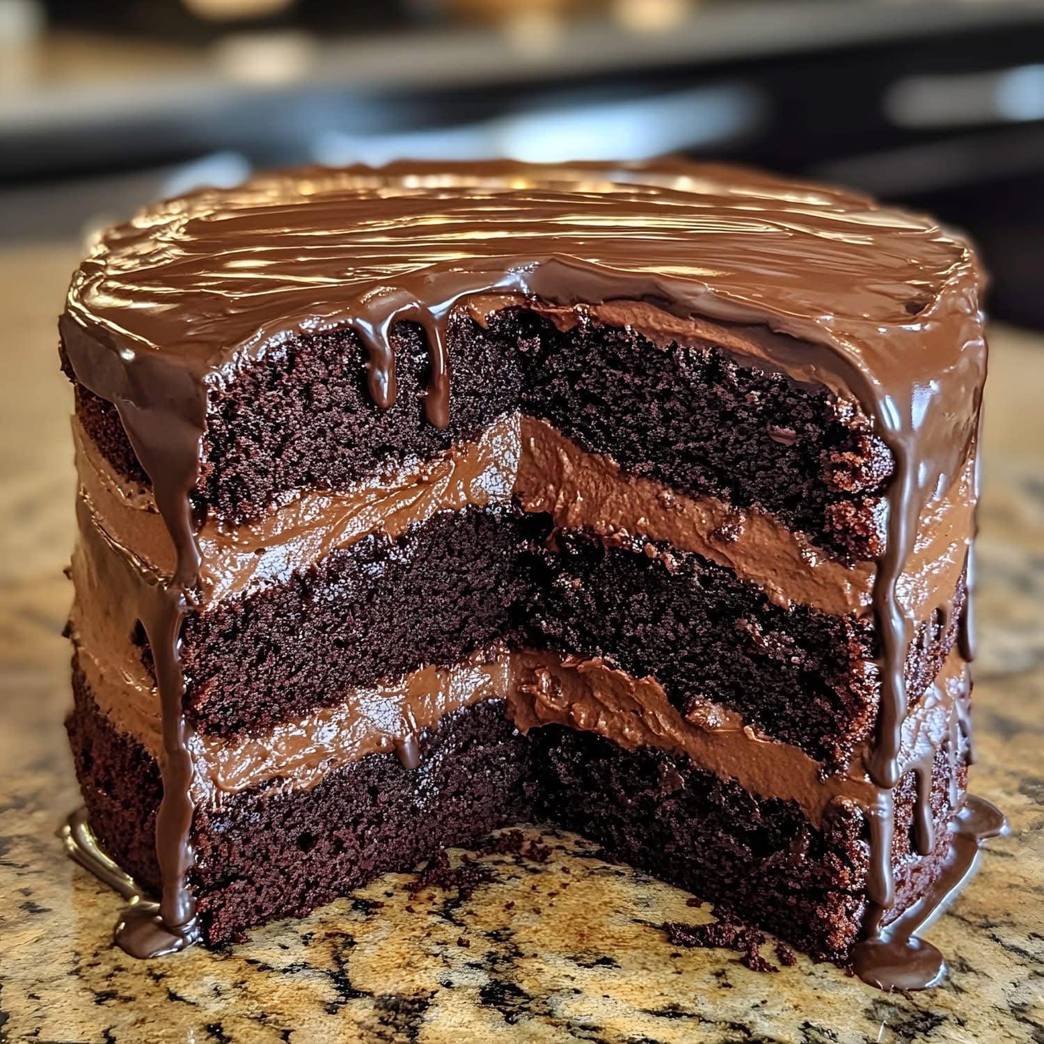 Chocolate Cake Recipe Ingredients: 250 g chocolate 180 g butter 375 g powdered sugar 3 eggs 200 g self-raising flour 40 g unsweetened cocoa powder 250 ml hot water Filling: 100 g softened butter 100 g dulce de leche 100 g melted chocolate (using a double boiler) 100 g whipped cream 2 tbsp instant coffee Unsweetened cocoa powder for dusting  Read more on next page