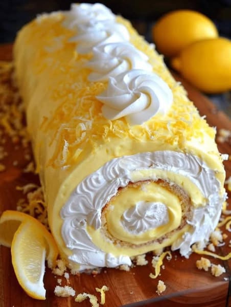 🍋 𝑽𝒆𝒍𝒗𝒆𝒕 𝑳𝒆𝒎𝒐𝒏 𝑪𝒓𝒆𝒂𝒎 𝑹𝒐𝒍𝒍 𝑪𝒂𝒌𝒆 🍋 Ingredients: For the cake: – 4 eggs – 3/4 cup granulated sugar – 1 teaspoon vanilla extract – 1 cup all-purpose flour – 1 teaspoon baking powder – Zest of 1 lemon – 2 tablespoons lemon juice – Powdered sugar (for dusting) For the filling: – 1 cup heavy cream – 1/4 cup powdered sugar – 1 teaspoon lemon extract – Zest of 1 lemon  Read more on next page