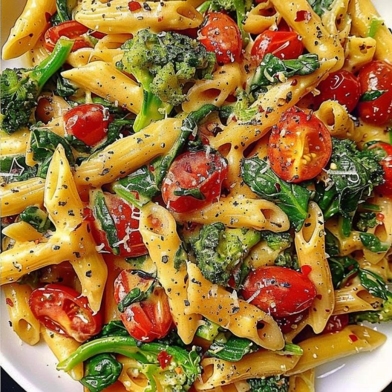 Cheesy Penne with Cherry Tomatoes, Spinach, and Broccoli