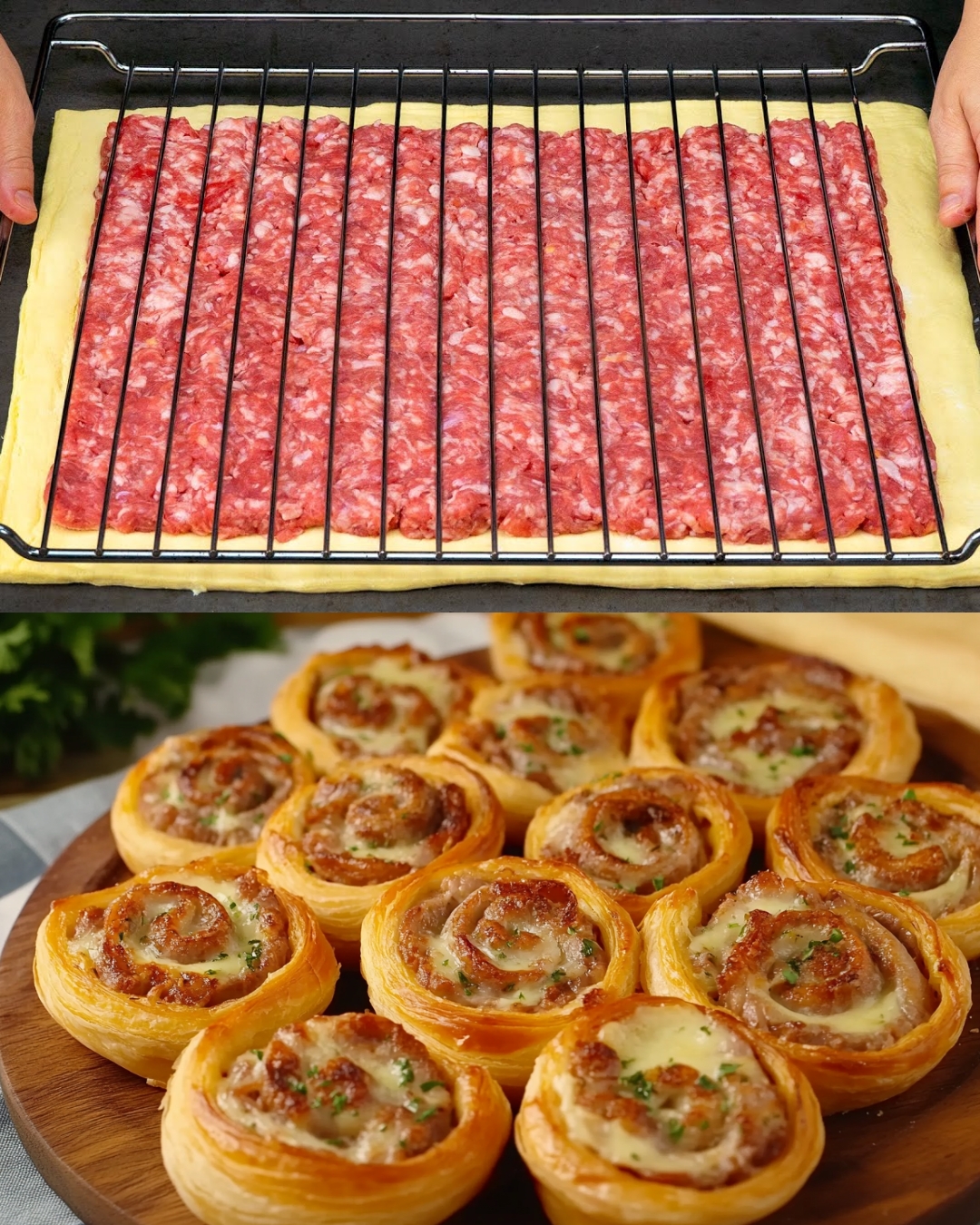 Puff pastry rolls with minced meat and cheese