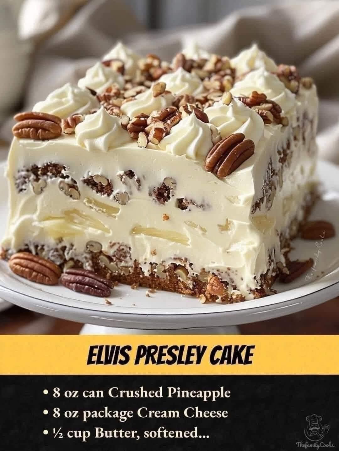 Elvis Presley Cake (Jailhouse Rock Cake)  ingredients White Cake Mix 8 oz can Crushed Pineapple (with juice) 1 cup Granulated Sugar ½ tsp Vanilla Extract (for pineapple mixture) 8 oz package Cream Cheese, softened ½ cup Butter, softened ✅Full Recipe in :👇