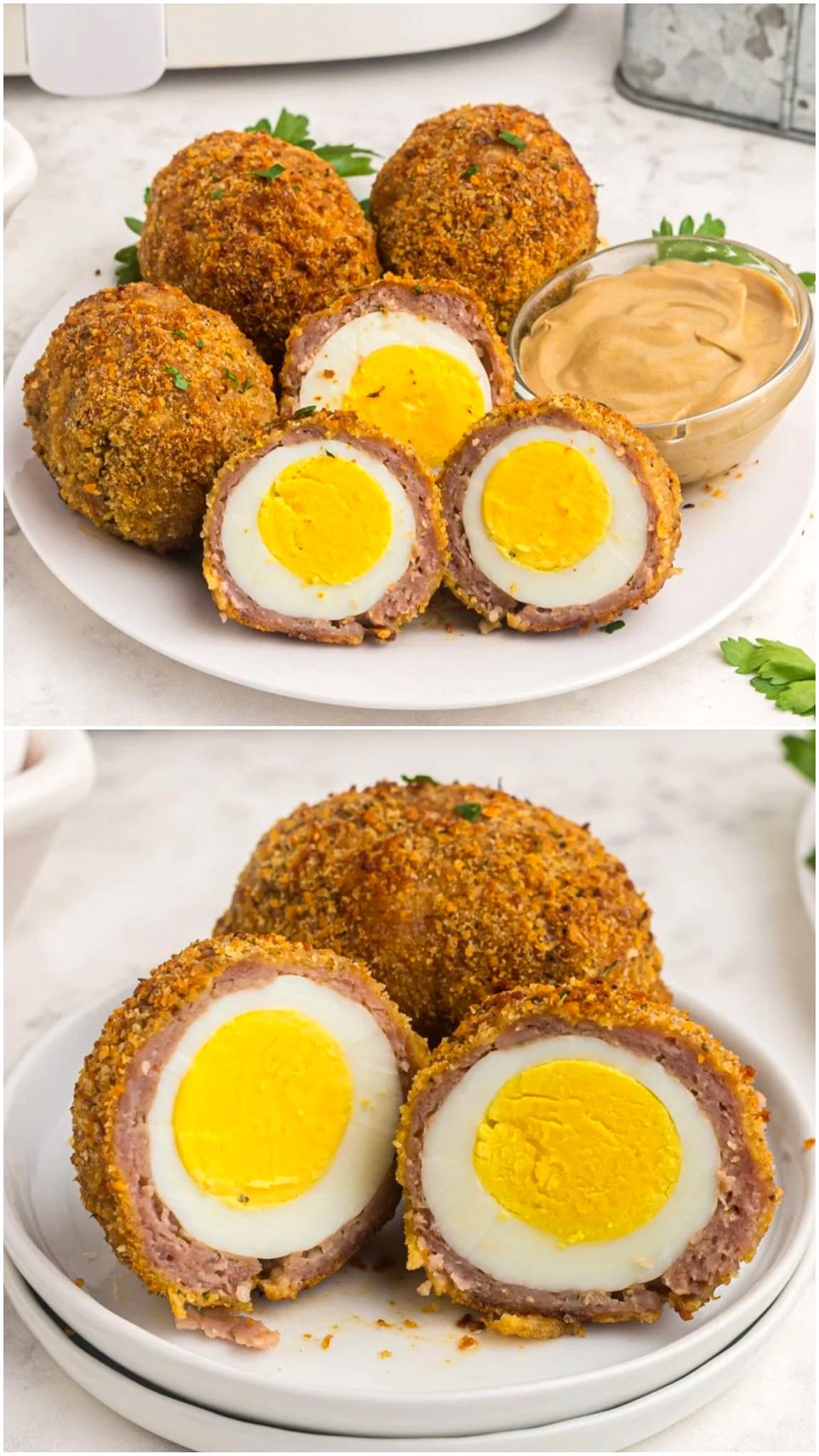 Easy Scotch Eggs Recipe  Scotch eggs are a classic British treat, combining hard-boiled eggs, savoury sausages and a crispy breadcrumb coating. Perfect for picnics, parties or as a satisfying snack, this dish embodies the simplicity and consistency of traditional British cooking. Our easy Scotch egg recipe guarantees a crispy, golden crust and perfectly cooked centres every time.  The origin of Scotch eggs  The history of Scotch eggs is as rich as their flavor. Originating in 18th century England, they were first created as a portable snack for travelers. Over time, this delicacy evolved and gained popularity around the world. The combination of protein-rich eggs and seasoned meat makes it both delicious and nutritious. Ingredients  For the eggs:  6 large eggs (plus 2 extra for coating) 1 teaspoon white vinegar (optional, for easier peeling)  For the sausage mixture:  500g (1 lb) ground pork sausage 1 tsp garlic powder 1 tsp onion powder 1/2 tsp dried thyme 1/2 tsp smoked paprika Salt and black pepper, to taste  Read more on next page