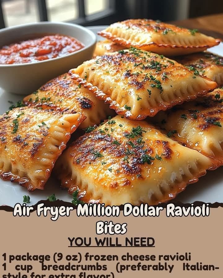 Air Fryer Million Dollar Ravioli Bites  Ingredients: – 1 package (9 oz) frozen cheese ravioli – 1 cup breadcrumbs (preferably Italian-style for extra flavor) – 1/2 cup grated Parmesan cheese – 1 teaspoon garlic powder – 1 teaspoon Italian seasoning – 1/2 teaspoon salt – 1/4 teaspoon black pepper – 2 large eggs – 1/4 cup all-purpose flour – Fresh parsley, chopped (for garnish) – Marinara sauce (for dipping)  Instructions: