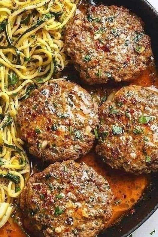 Hamburger steaks with onion gravy  Ingredients :  1lb. ground beef  1 egg  1/3 cup bread crumbs  1/2tsp. black pepper  1 tsp. salt  1/2 tsp. onion powder  1 clove garlic minced  1tsp. Worcestershire sauce  1tbsp. oil  1 1/2 cup thinly sliced onion  2tbsp. all-purpose flour  1 cup beef broth  1/2tsp. salt  Directions :  Read more on next page