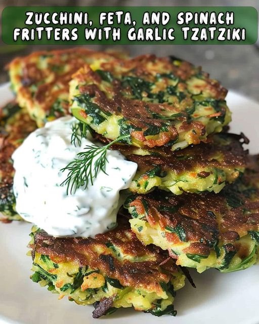 Zucchini, Feta, and Spinach Fritters with Garlic Tzatziki