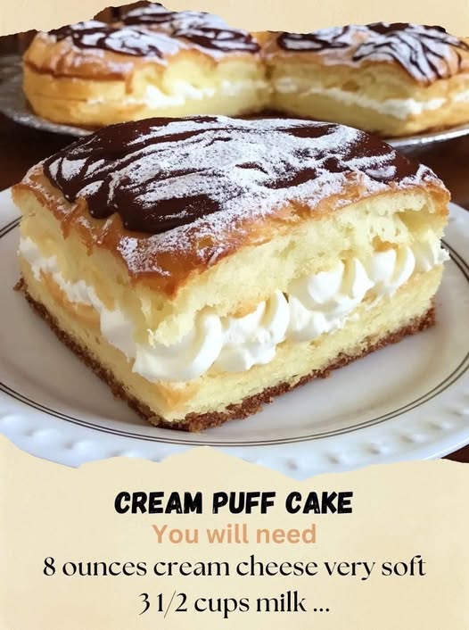 Cream Puff Cake Ingredients: 1 cup water 1/4 teaspoon salt 1/2 cup butter 1 cup all-purpose flour 4 eggs 2 3.9 oz box instant vanilla pudding 2 small packages 8 ounces cream cheese very soft 3 1/2 cups milk 8 ounces whipped topping defrosted 1/4 cup chocolate syrup Instructions: Read more on next page