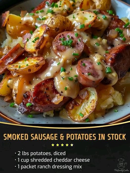 Smoked Sausage & Potatoes in Stock  Cheesy Ranch Potatoes and Smoked Sausage  Ingredients:  – 1 lb Monon Meats Smoked sausage, thinly sliced  – 2 lbs potatoes, diced  – 1 cup shredded cheddar cheese  – 1 packet ranch dressing mix  – 1/2 cup milk  – 1/4 cup melted butter  – 1 onion, finely diced  – 2 cloves garlic, minced  – Salt and pepper to taste  – 1/2 cup chopped green onions for garnish  Directions:  Read more on next page