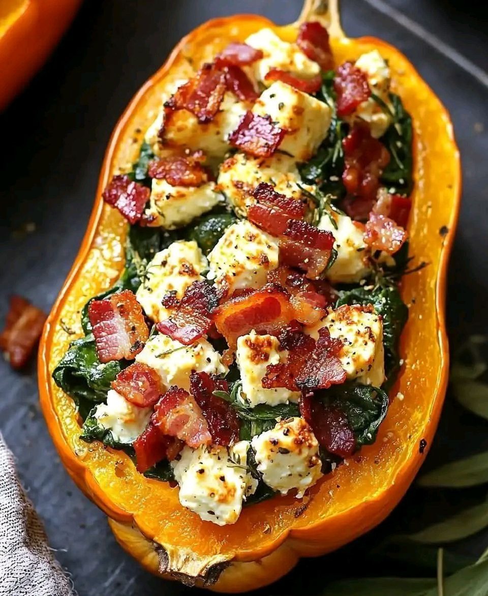 Stuffed Butternut Squash with Feta Spinach and Bacon  This hearty and flavorful dish combines the natural sweetness of roasted butternut squash with the savory goodness of crumbled feta cheese, sautéed spinach, and crispy bacon. It’s a perfect centerpiece for a cozy dinner or a holiday table, offering a beautiful presentation and satisfying flavor.  Prep Time: 10 minutes  Cook Time: 40 minutes  Total Time: 50 minutes  Servings: 4  Calories: 320 kcal per serving  Ingredients: For the Squash:  2 medium butternut squash, halved and seeds removed  2 tbsp olive oil  Salt and pepper to taste  For the Filling:  6 slices of bacon, cooked and crumbled  2 cups fresh spinach, chopped  1/2 cup crumbled feta cheese  1/2 cup cooked quinoa or rice (optional, for added texture)  1 small onion, finely diced  2 cloves garlic, minced  1/4 tsp red chili flakes (optional)  2 tbsp olive oil  Salt and pepper to taste  Optional Garnish:  Fresh parsley, chopped  Extra crumbled feta  Instructions: