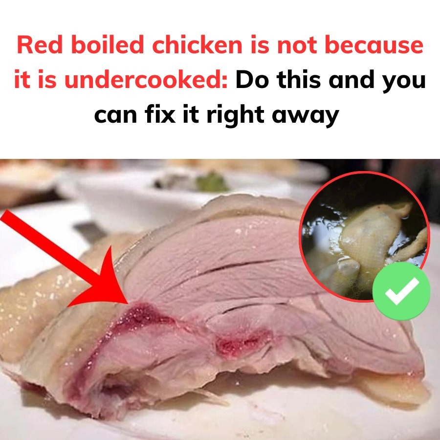 Red boiled chickenDr. Greg Blonder, a physicist and author of several books on food, explains that red parts of boiled chicken or the juices that come out of boiled chicken are not blood and are not because the meat is undercooked. The cause of this phenomenon is the reaction of myoglobin in the bone marrow of the chicken with the gas during the cooking process. This reaction causes some of the meat around the chicken bones to turn red after boiling. The same goes for the juices that come out when you cut the chicken. It is just water mixed with myoglobin.  The only way to check if chicken is done is to use a thermometer to measure the temperature of the food. You can use a thermometer to measure the temperature in the deepest area inside the chicken thighs, wings, and thickest part of the breast. According to the USDA, all parts of chicken must be cooked to at least 165 degrees Fahrenheit (74 degrees Celsius) to be safe to eat.  How to deal with red boiled chicken?