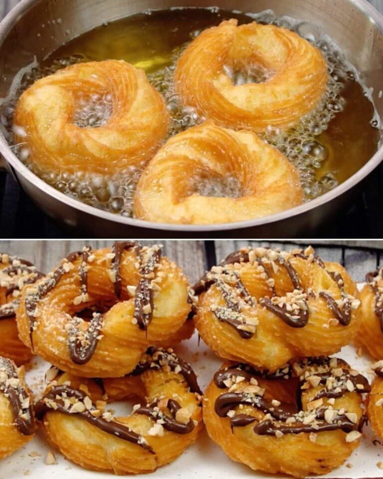 🥣 METHOD Place water and butter over medium heat and boil until butter melts. Add salt and flour, mixing with a spoon until dough forms. Add vanilla extract to dough, then crack 3 eggs, one at a time, while working dough with a hand mixer. Transfer dough to piping bag and pipe 12 circles onto parchment paper. Cook each doughnut in preheated oil for 3-4 minutes or until golden brown on both sides  Read more on next page