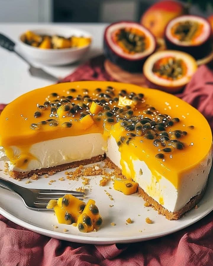 No-Bake Mango and Passion Fruit Cheesecake 🥭 🍰  Ingredients:  For the crust: 250g digestive biscuits 100g unsalted butter, melted  For the filling: 500g cream cheese, softened 200g Greek yogurt 100g powdered sugar 300ml heavy cream 1 tablespoon gelatin powder 1/4 cup cold water 2 ripe mangoes, peeled and diced 2 tablespoons lemon juice 1 teaspoon vanilla extract  Read more on next page