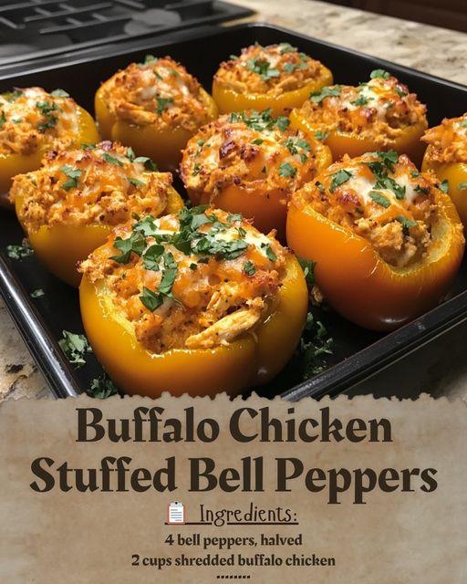 Buffalo Chicken Stuffed Bell PeppersBuffalo Chicken Stuffed Bell Peppers 🌶️🍗 Ingredients: 4 bell peppers, halved 2 cups shredded buffalo chicken 1/2 cup cheddar cheese, shredded 1/4 cup ranch dressing Instructions: Read more on next page