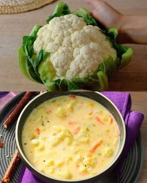 Soup made with cauliflower, leeks, and cheddar cheese.