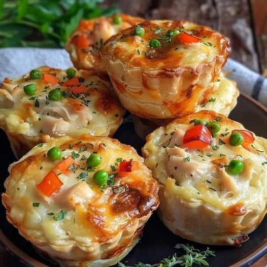 mini chicken pot pie muffinsPreheat oven to 375°F (190°C). Grease a 12-cup muffin tin. In a large saucepan, heat olive oil over medium heat. Sauté onions, carrots and celery until softened. Add peas, corn and chicken. Sprinkle flour over mixture and stir until coated. Pour in chicken broth and bring to a simmer. Cook until sauce thickens. Stir in thyme, salt and pepper. Remove from heat. Cut puff pastry into squares large enough to fit into muffin cups. Press pastry squares into tin, leaving an overhang. Spoon filling into each pastry cup. Fold overhanging pastry over filling and brush with egg wash. Bake for 25-30 minutes or until pastry is golden brown. Let cool for 5 minutes before serving. Prep Time: 20 minutes | Cook Time: 30 minutes | Total Time: 50 minutes | Calories: 280 per muffin | Servings: 12 muffins Read more on next page