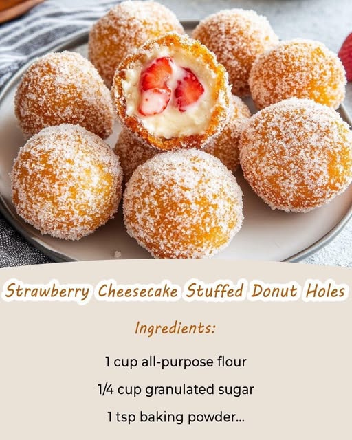 1. Make the Cheesecake Filling: In a small bowl, beat together the softened cream cheese, powdered sugar, and vanilla extract until smooth. Gently fold in the chopped strawberries. Transfer the filling to a piping bag fitted with a small round tip and refrigerate until ready to use. 2. Make the Donut Hole Batter: In a mixing bowl, whisk together the flour, granulated sugar, baking powder, baking soda, and salt. In another bowl, mix the buttermilk, egg, and melted butter. Pour the wet ingredients into the dry ingredients and stir until just combined. 3. Fry the Donut Holes: Heat about 2 inches of vegetable oil in a deep skillet or saucepan to 350°F (175°C). Using a small cookie scoop or spoon, carefully drop batter into the hot oil, frying in batches for 2-3 minutes per side until golden brown. Remove with a slotted spoon and drain on paper towels. 4. Fill the Donut Holes: Once cooled slightly, use the piping bag to inject each donut hole with the strawberry cheesecake filling. 5. Coat & Serve: In a shallow bowl, mix the granulated sugar with cinnamon if desired. Roll each filled donut hole in the sugar mixture until coated. Serve warm and enjoy the creamy, fruity filling in each bite! Details: Prep Time: 15 mins Cook Time: 15 mins Servings: 20 donut holes Calories: ~90 kcal per donut hole Read more on next page