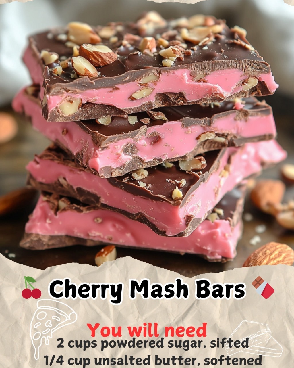 Cherry Mash Bars🍒 Cherry Mash Bars 🍫 Ingredients: For the Cherry Layer:  2 cups powdered sugar, sifted 1/4 cup unsalted butter, softened 1/4 cup evaporated milk 1 teaspoon pure vanilla extract 1/4 teaspoon almond extract (optional, for added flavor) 1 jar (10 oz) maraschino cherries, drained and finely chopped For the Chocolate Peanut Layer:  1 1/2 cups semi-sweet chocolate chips 1/2 cup milk chocolate chips 1 cup creamy peanut butter 1 cup crushed salted peanuts Directions: Prepare Your Pan:  For Complete Cooking STEPS Please Head On Over To Next Page Or Open button (>) and don’t forget to SHARE with your Facebook friends.