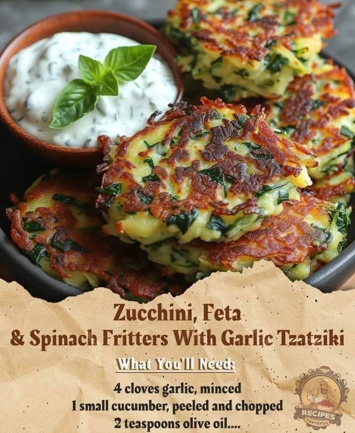 Zucchini, Feta, and Spinach Fritters with Garlic Tzatziki