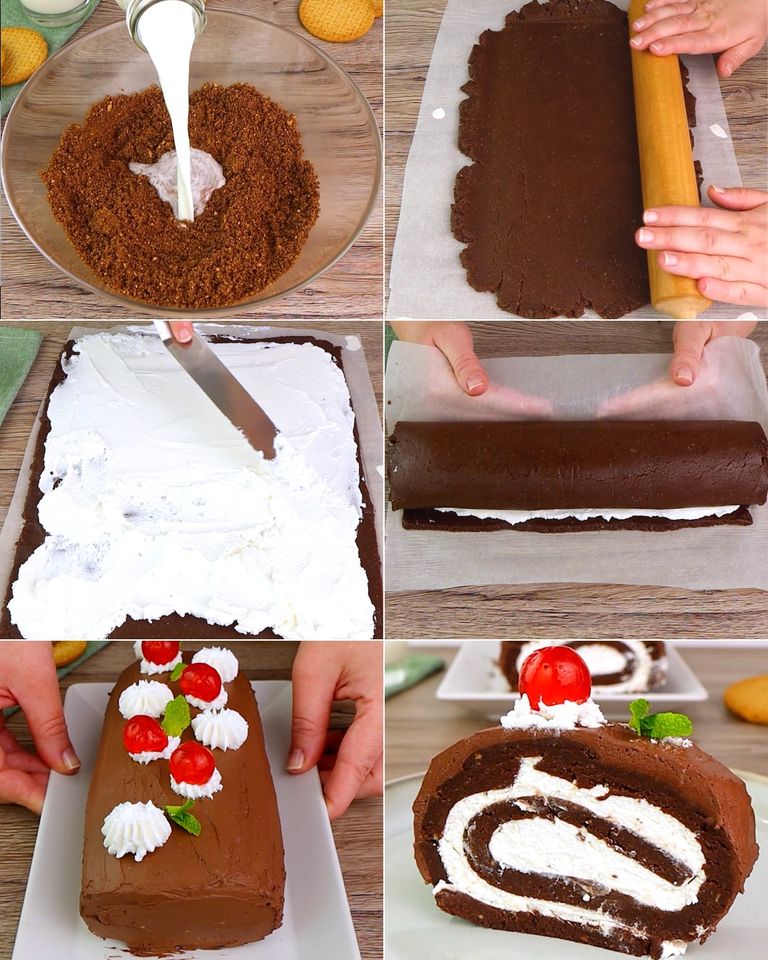 Here is the recipe to prepare a delicious no-bake chocolate roll:  Ingredients:  – 200 g of dry biscuits (digestive type) – 100 g of melted butter – 200 g of dark chocolate – 200 ml of whipping cream – 50 g of icing sugar – 2 tablespoons of cocoa powder – Icing sugar for decorating (optional)  Read more on next page