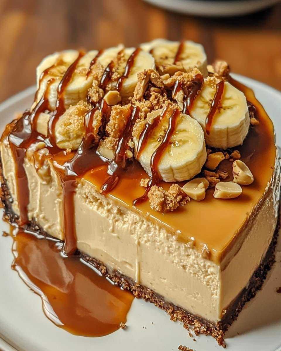 Banana Caramel Peanut Butter Cheesecake 🍌🍯  Ingredients:  – 3 ripe bananas, sliced – 1/2 cup heavy cream – 1 cup caramel sauce – 1/4 cup melted butter – 1/2 cup chopped peanuts – 24 oz cream cheese, softened – 1 1/2 cups graham cracker crumbs – 3/4 cup creamy peanut butter – 1/4 cup chopped almonds – 1 cup granulated sugar – 3 large eggs – 1 tsp vanilla extract  Instructions:  Read more on next page