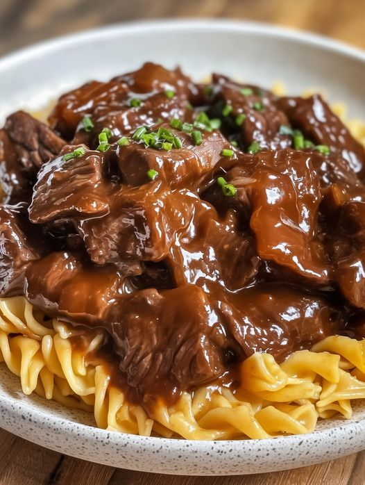 TREMENDOUS CROCKPOT BEEF TIPS & NOODLES