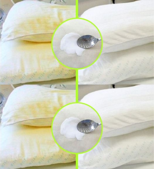 YELLOW STAINS ON PILLOWS DISAPPEAR IN A FEW MINUTES WITH THE SPOON METHOD