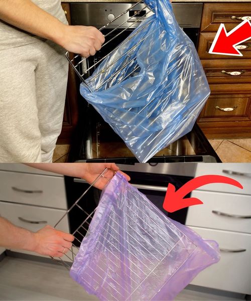 No need to scrub, put the oven rack in a bag: it looks new again